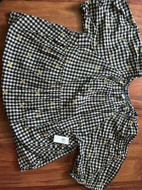 Black & White Gingham Peasant Top with Yellow Embroidery